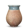 Image of Celadon glazed French Biot jar with antiqued terracotta base on white background