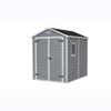 Image of Gray storage shed with a black roof on a white background