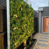 Image of Artificial White Tropics Vertical Garden Wall Panel mounted on a concrete wall in a residential backyard featuring a stone paved ground beside the backdoor