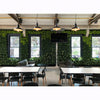 Image of Modern office space with green wall, tables, and chairs.