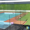 Image of An image of a backyard pool with reddish brown deck and coping, artificial turf, Artificial Jasmine Hedge Plant Wall Screen Panels that serves as a privacy wall, glass safety fence, and a floating purple ball, highlighted by the sunlight