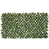 Image of An artificial laurel leaf trellis screen showing a dense foliage pattern in green.