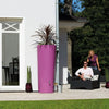 Image of Purple cylindrical 2in1 MiniTank with a plant on a patio with people sitting nearby.