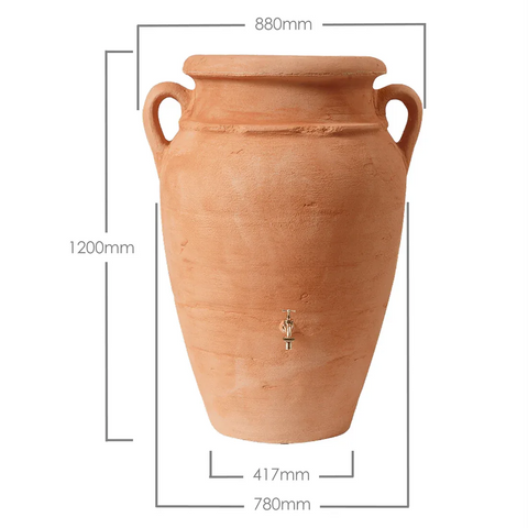 Terracotta 360L Antique Amphora MiniTank with dimensions on a white background