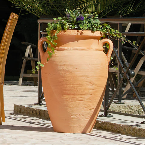 Terracotta 360L Antique Amphora MiniTank urn planter with greenery on a wooden deck