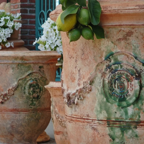 Decorative terracotta pots with floral arrangements and a logo on a brick wall background.
