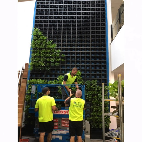 Three workers in high-visibility vests installing a large vertical garden system.
