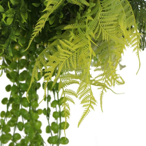 Roof Hanging Disc With Artificial Plants Black Frame 40cm close up faux plants hanging