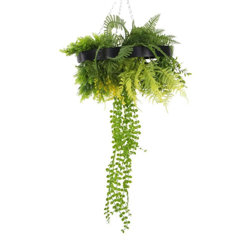Roof Hanging Disc With Artificial Plants Black Frame 40 cm close up hanging succulents