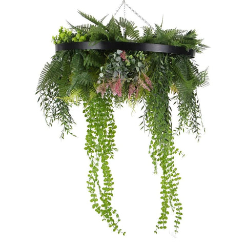 Roof Hanging Disc With Artificial Plants Black Frame 60cm faux pearls with plastic plants