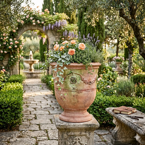 Decorative terracotta urn with flowers in a garden setting