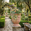 Image of Decorative terracotta urn with flowers in a garden setting