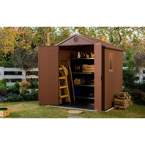 Keter Darwin 6x6 Garden Shed (1.9 x 1.8m) Brown In The Garden With Tools