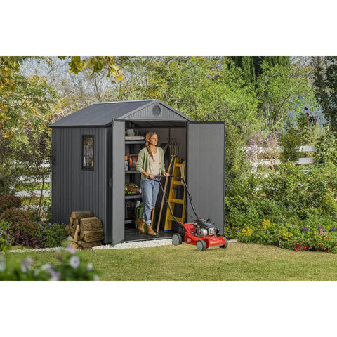 Keter Darwin 6x6 Garden Shed (1.9 x 1.8m) Grey Actual View With Tools