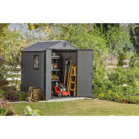 Keter Darwin 6x6 Garden Shed (1.9 x 1.8m) Grey Full View In The Garden