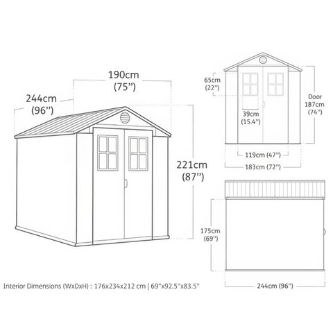 Keter Darwin 6x8 Garden Shed - Grey Dimensions