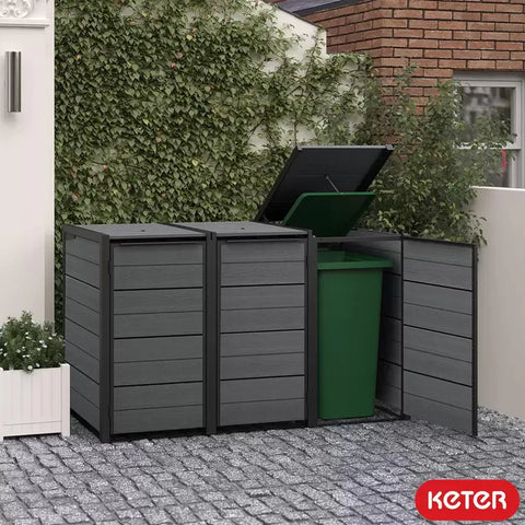 Keter Hideaway Bin Storage Shed 3 Bin With Garbage Bin