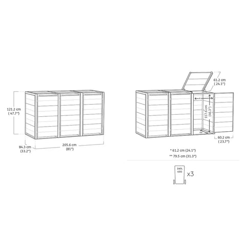Keter Hideaway Bin Storage Shed 3 Bin Deimensions