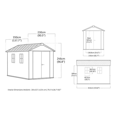 Keter Newton Plus Shed 7.5x11 (3.4m) Dimensions Front Entry