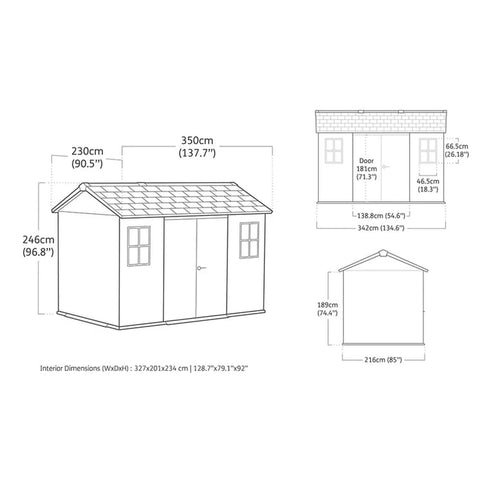 Keter Newton Plus Shed 7.5x11 (3.4m) Dimensions Side Entry