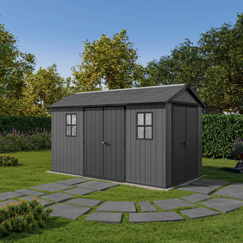 Keter Newton Plus Shed 7.5x13 (2.3 x 4.1m) Double Door Full View In The Garden