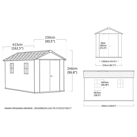 Keter Newton Plus Shed 7.5x13 (2.3 x 4.1m)  Dimensions Side Entry