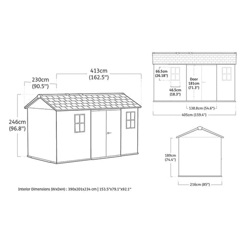 Keter Newton Plus Shed 7.5x13 (2.3 x 4.1m) Dimensions Front Entry