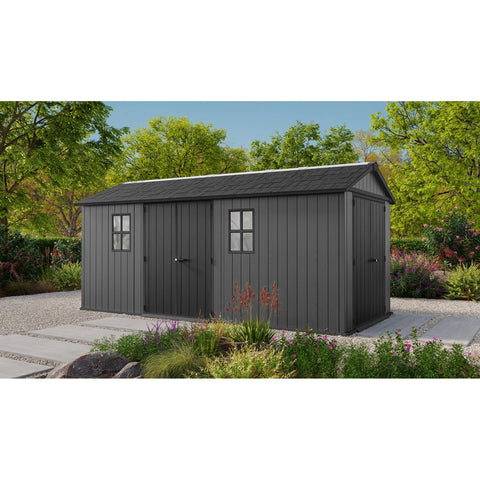 Keter Newton Plus Shed 7.5x17 (2.3 x 5.4m) Double Door Full View In The Garden