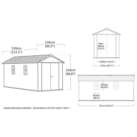 Keter Newton Plus Shed 7.5x17 (2.3 x 5.4m) Double Door Dimensions
