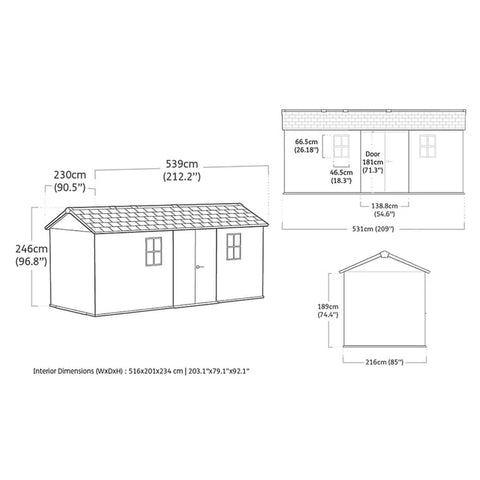 Keter Newton Plus Shed 7.5x17 (2.3 x 5.4m) Single Door Dimensions