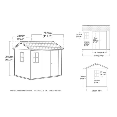 Keter Newton Plus Shed 7.5x9 (2.7m) Interior Dimensions Side Entry