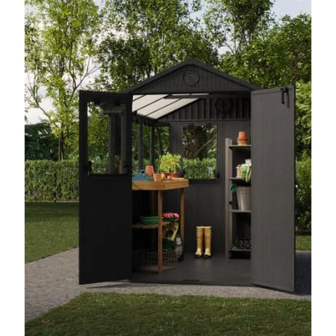 Keter Potting 6x8 Shed - Dark Grey (1.9 x 2.4m) With Doors Open And Inside Visible