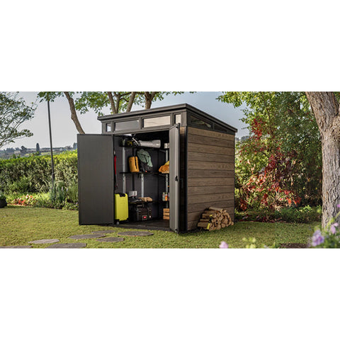 Keter Signature Pent 7x7 Shed - Walnut Look (2.2 x 2.2m) In The Garden With Tools