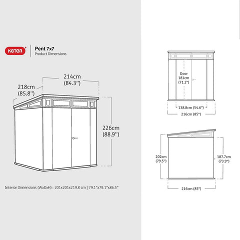 Keter Signature Pent 7x7 Shed - Walnut Look (2.2 x 2.2m) Dimensions