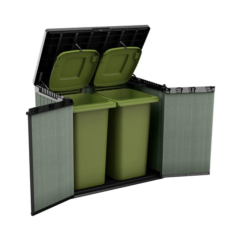 Keter Store It Out Darwin 1150L Green With Trash Bins And Doors Open