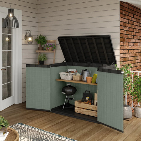 Keter Store It Out Darwin 1150L Green Full View On Patio With Door And Lid Open