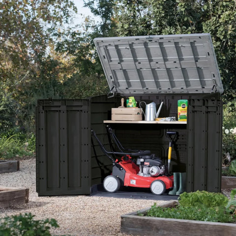 Keter Store It Out Max Shed 1200L Black/Grey With Tools In The Garden Full View