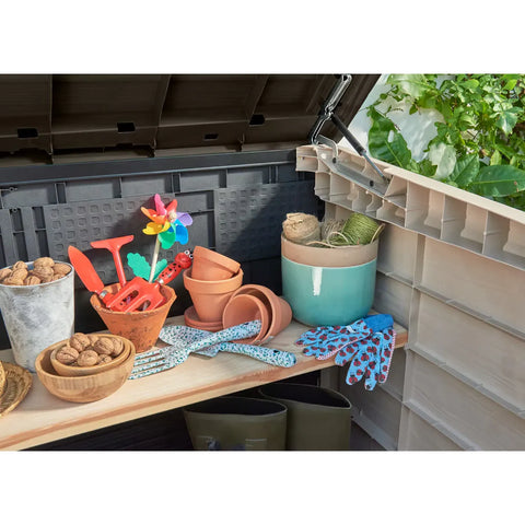 Keter Store It Out Max Shed 1200L Brown/Beige With Tools Close Up View