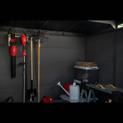 Keter Wall Mount Tool Organizer with Tools Hanging in Shed