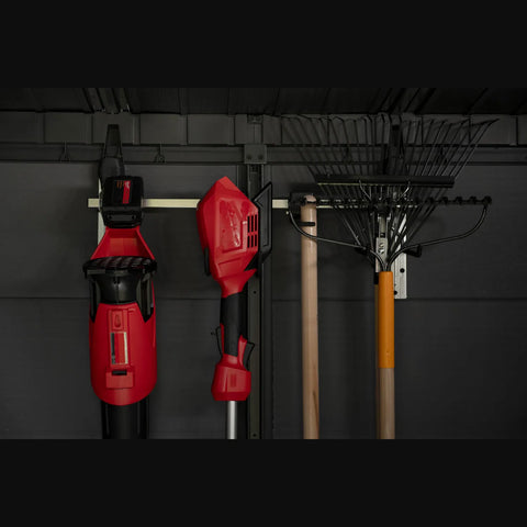 Keter Wall Mount Tool Organizer with Tools Hanging in Shed Close Up View