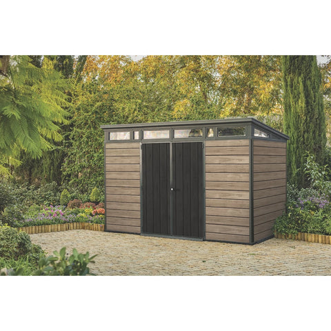 Keter Signature Pent 11x7 Shed (3.4 x 2.2m) Ashwood Full View In The Garden