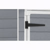 Image of Close-up of a gray wooden door with a black metal hinge on a white background
