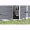 Image of Gray outdoor storage shed with a bicycle inside, on a grassy background