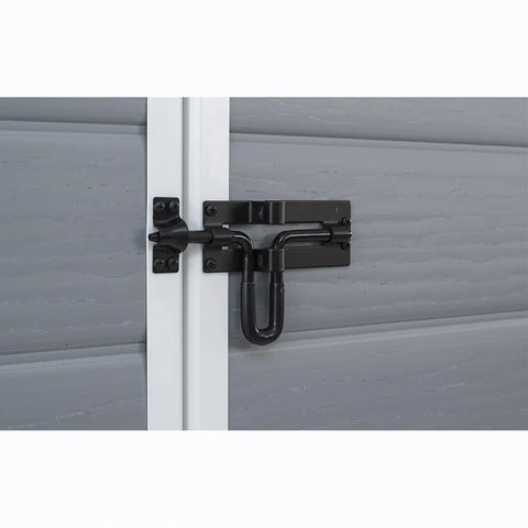Close-up of a black latch on a gray storage container door.