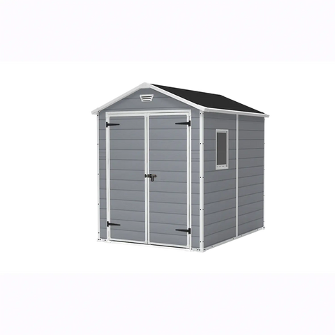 Gray storage shed with a black roof on a white background