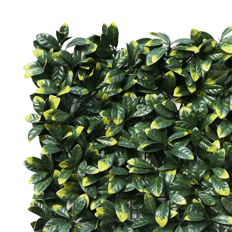 top left hand corner zoomed in view of the artificial laurel leaf panel with a white background