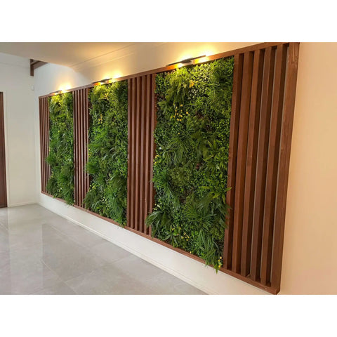 Artificial Country Fern Recycled Vertical Garden Panel in the Hallway with Wooden Panels