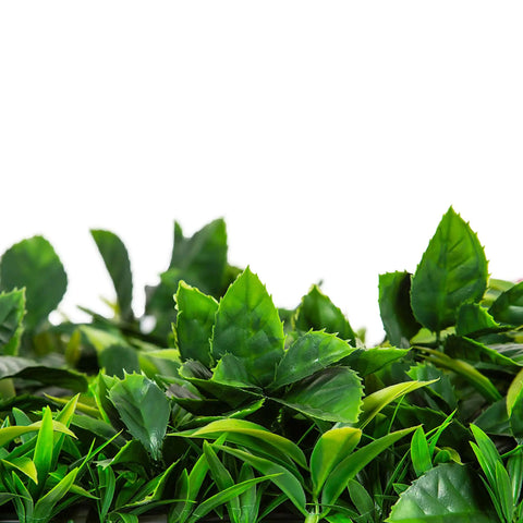 Close up image of the leaves and foliages on the Artificial Green Meadows 1m x 1m Plant Wall Panel UV Stabilised