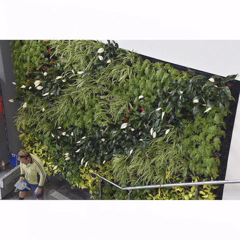 Large green artificial plant wall with a person standing below on a white background