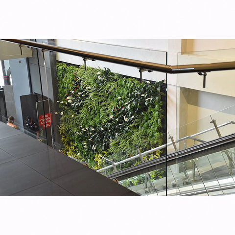 Green wall inside a building with glass panels and escalators.
